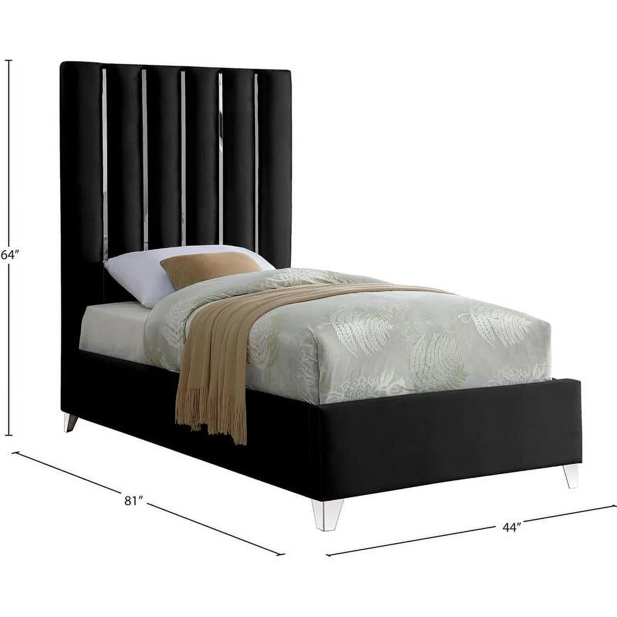 Solid Wood and Velvet Twin Bed in Black O22276