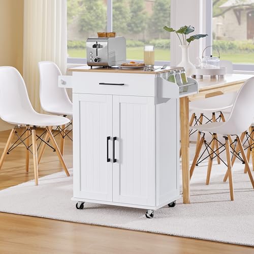 White Rolling Kitchen Cart with Bamboo Tabletop W2027