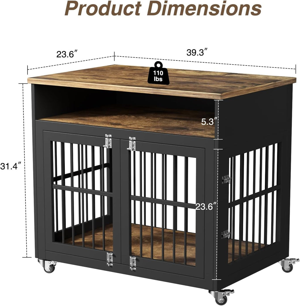 Brown Wooden Dog Crate with Wheels T237421