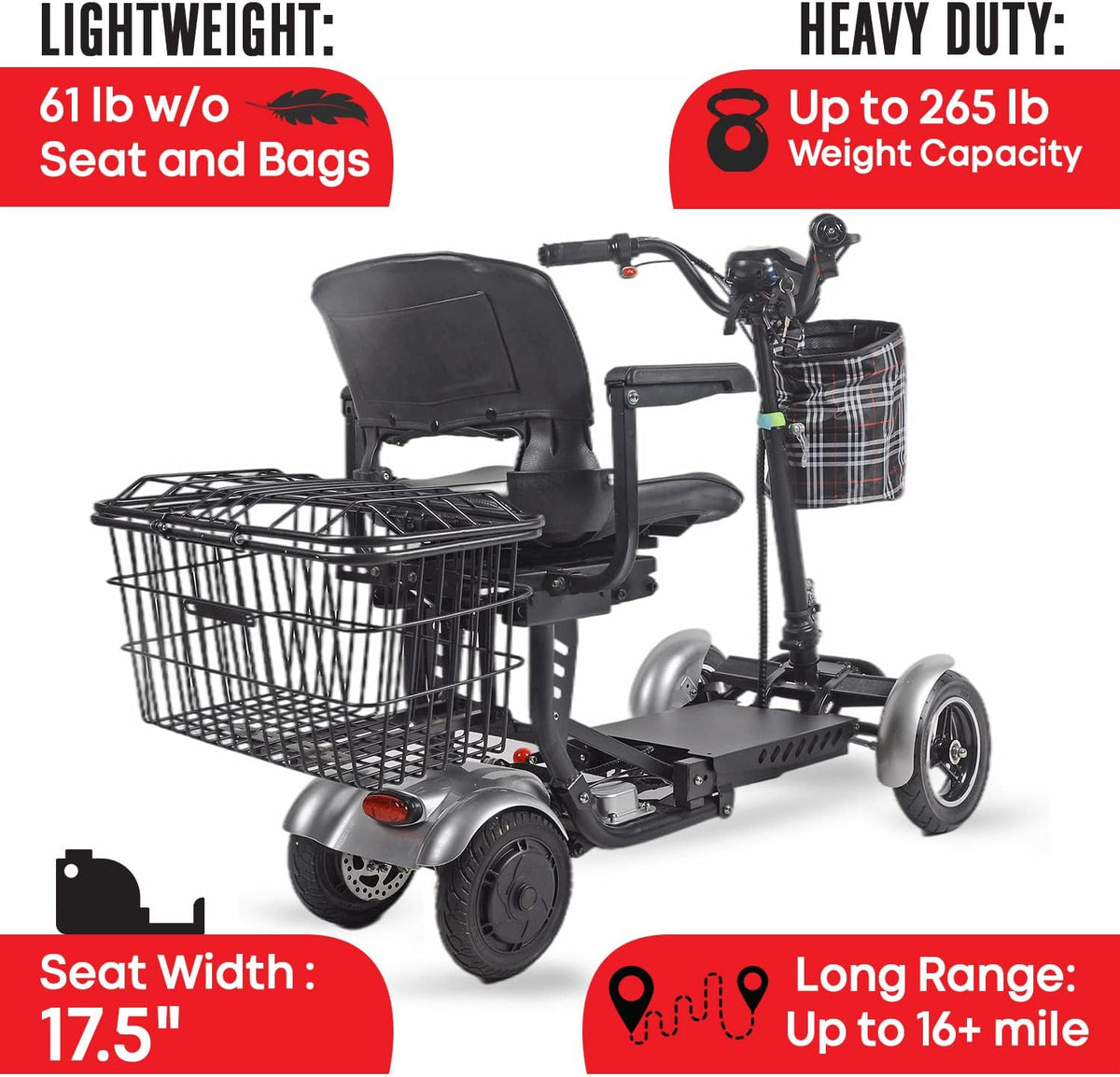 Foldable 4 Wheel Mobility Scooter with Long Range Battery 15.6AH Z2688