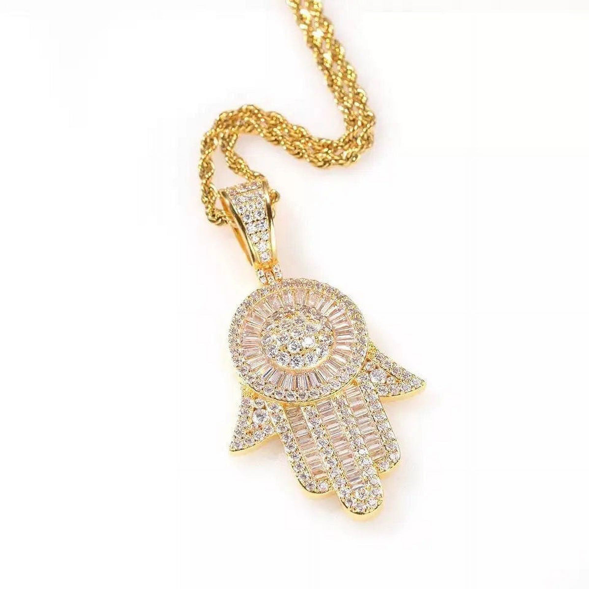 Simulated Diamond Baguette Hamsa Hand Pendant Necklace A219