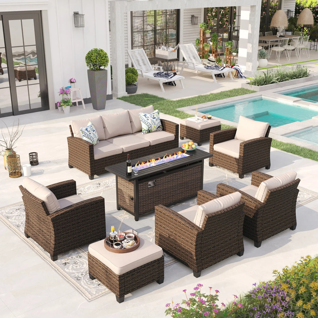 8 Pieces Wicker Patio Conversation Set with Fire Pit Table X6798