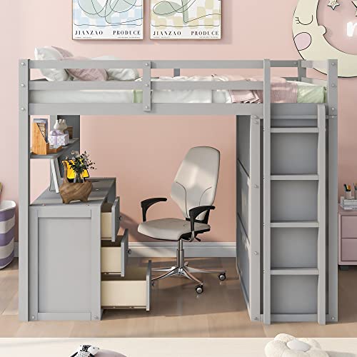 Full Loft Bed with Desk Wardrobe Storage Drawers White V9057