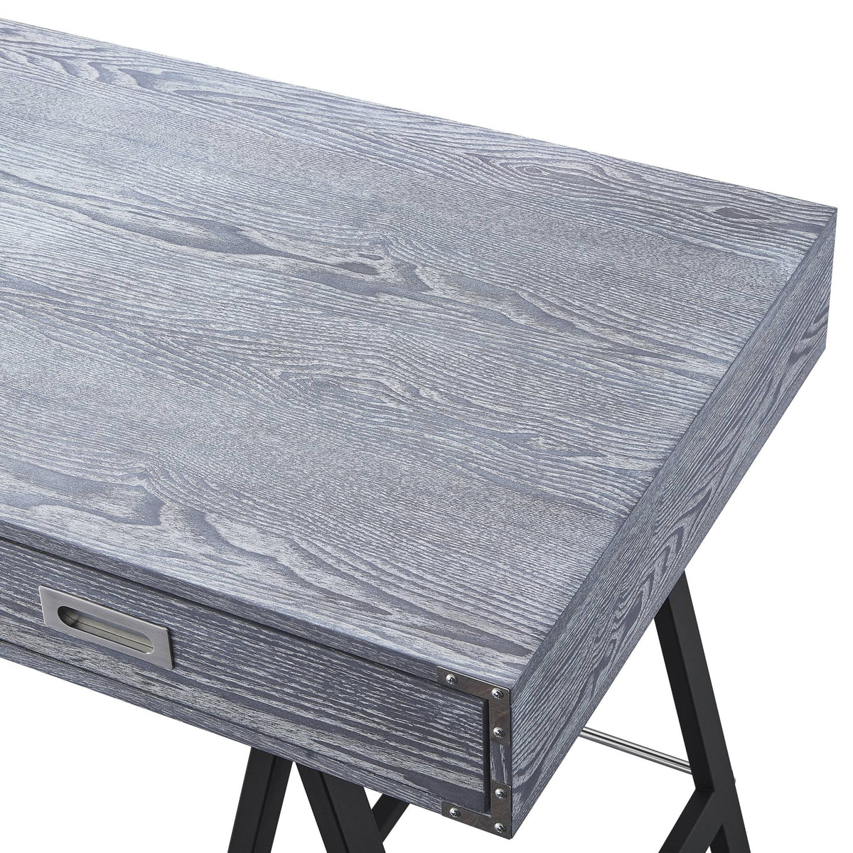 Grey Writing Desk with Oak Veneer Finish and Powder Coated Black Base O883