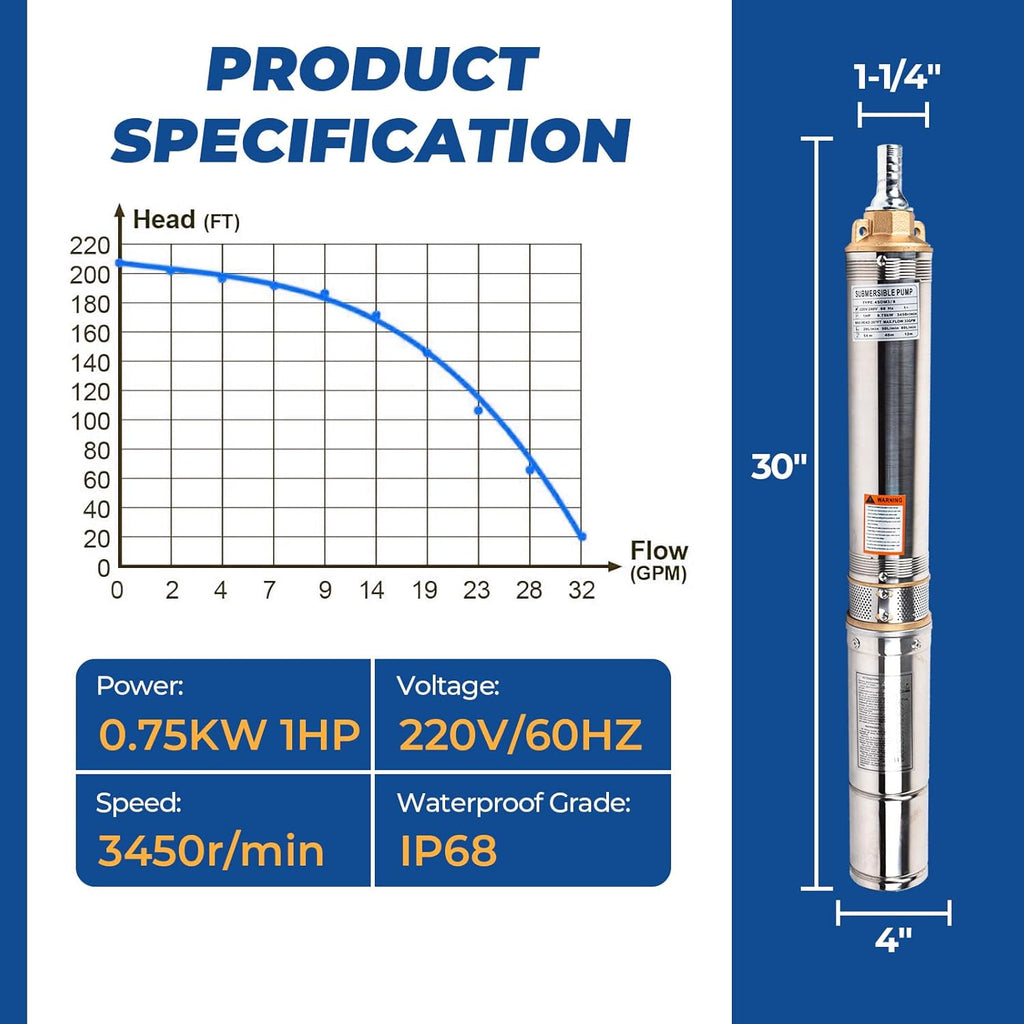 1HP 220V 60HZ 0.75KW Stainless Steel Submersible Well Pump, 1.25" Outlet, 33GPM 207ft Head Q2048