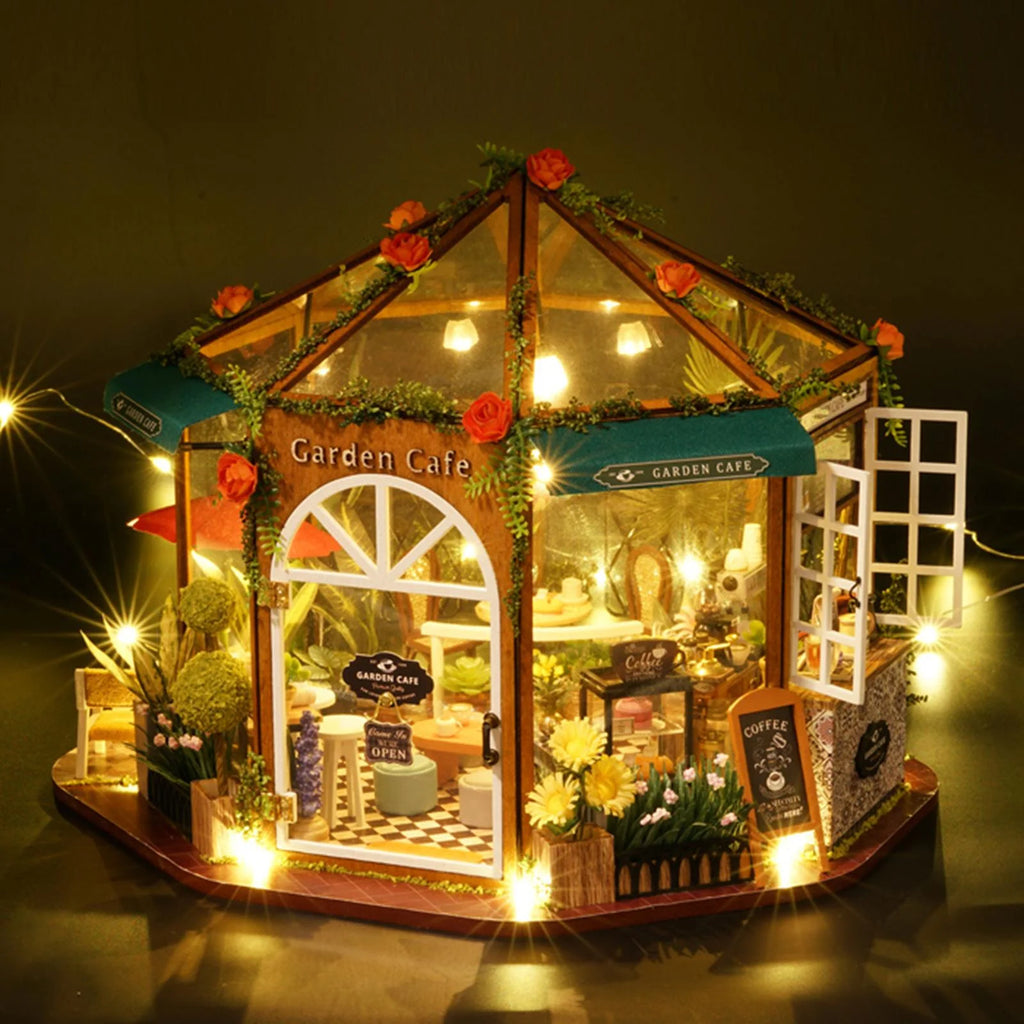 DIY Miniature Doll House Wooden Coffee Shop with Furniture LED Light K76304