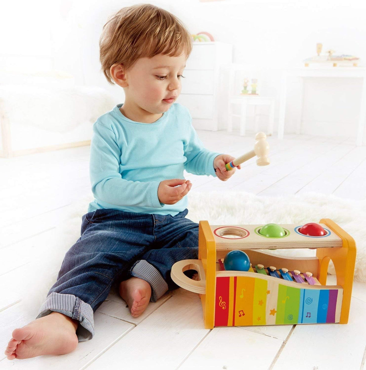 Wooden Pounding Bench, Xylophone, and Tambourine Music Set O903569