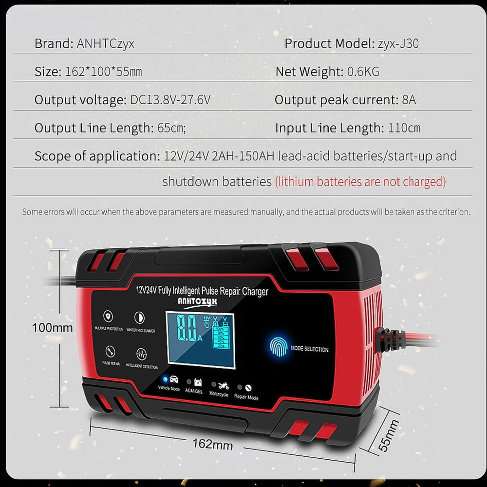 12V/8A 24V/4A Automatic Smart Battery Charger/Maintainer with LCD Display H622
