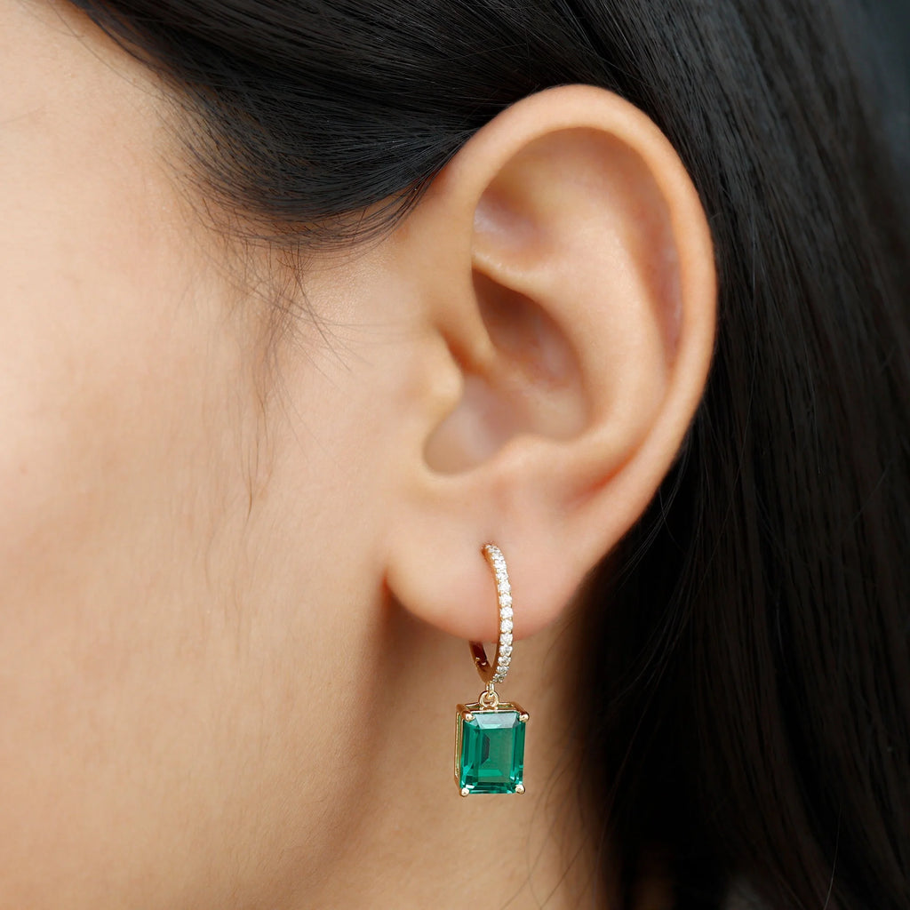 14K Yellow Gold Lab Created Emerald Drop Earrings with Diamond B1056