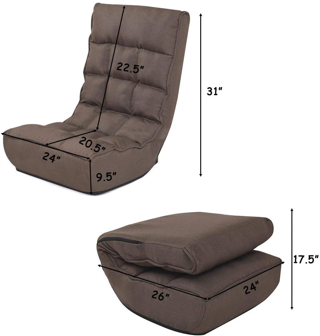 Brown Floor Chair Sleeper 4-Position Adjustable Angle Folding Lazy Sofa Cushioned Couch Lounger Q867