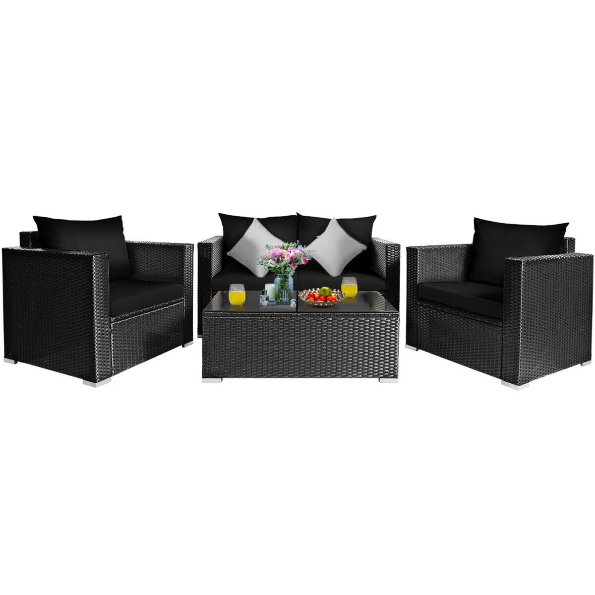 8 Pcs Rattan Patio Conversation Set with Black Cushions A8824