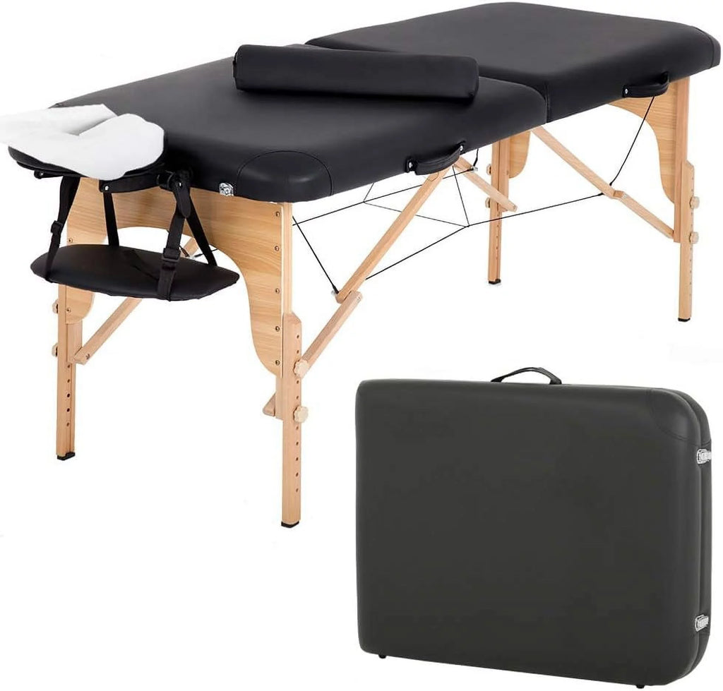 Portable Massage Table 73” L 28”W Height Adjustable with Bolsters Carry Case 2 Fold Black K115