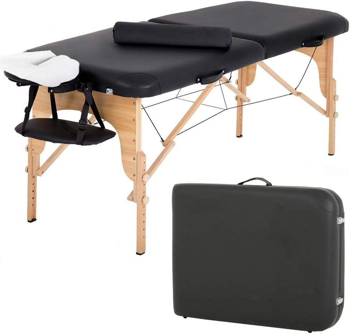 Portable Massage Table 73” L 28”W Height Adjustable with Bolsters Carry Case 2 Fold Black K115
