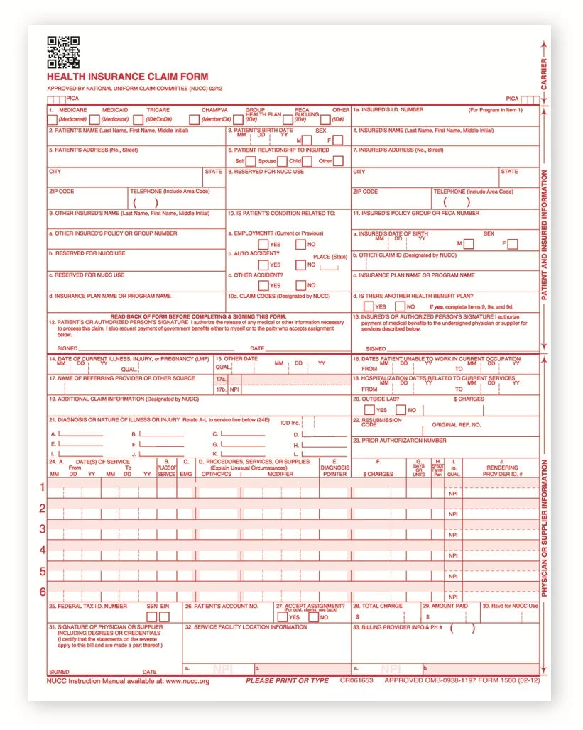 2500 sheets 8.5" x 11" Health Insurance Claim Form C72006