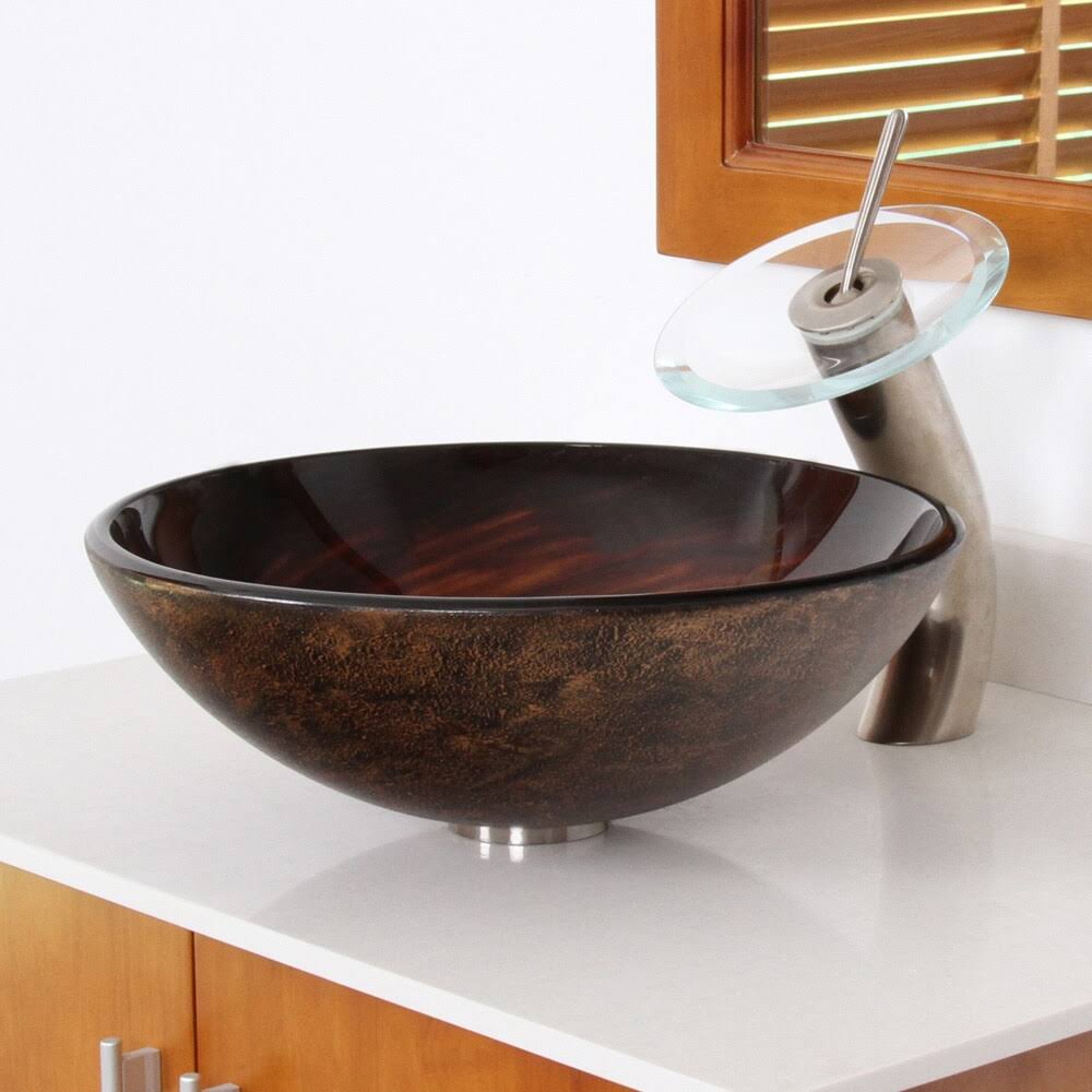 Brown Glass Bathroom Vessel Sink and Waterfall Faucet M6203