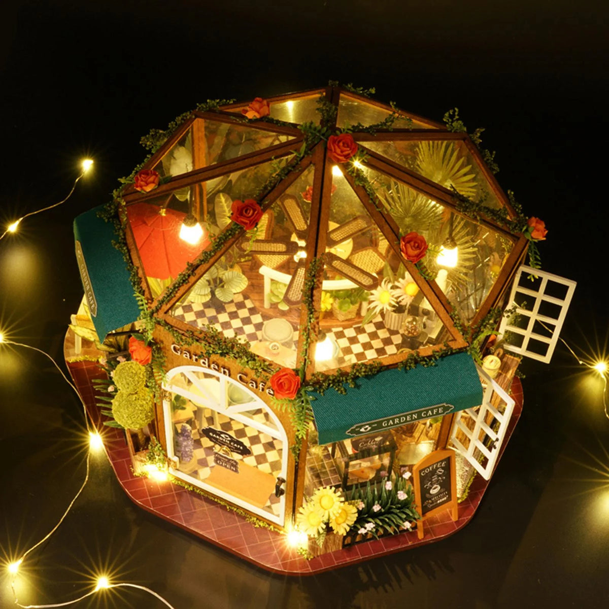 DIY Miniature Doll House Wooden Coffee Shop with Furniture LED Light K76304
