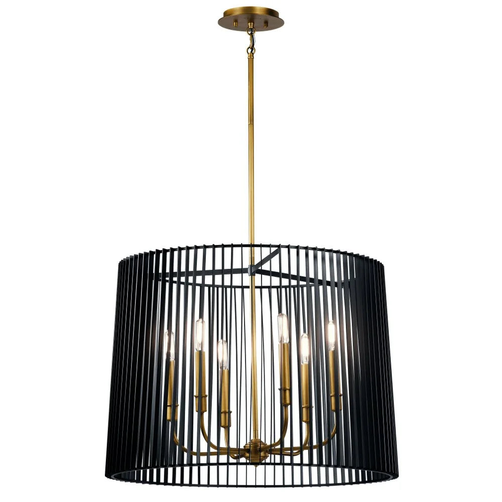 6-Light Chandelier Natural Brass Matte Black Slatted Shade N193