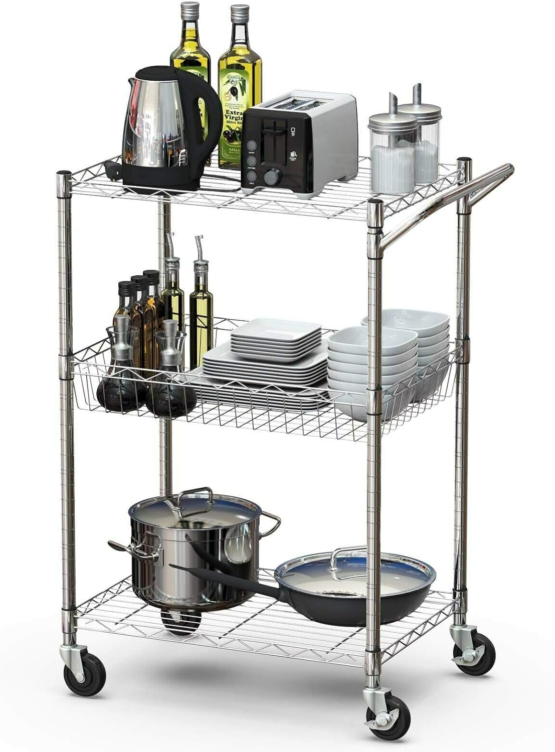 3-Tier Silver Steel Rolling Kitchen Trolley Cart with Storage Shelves S325810
