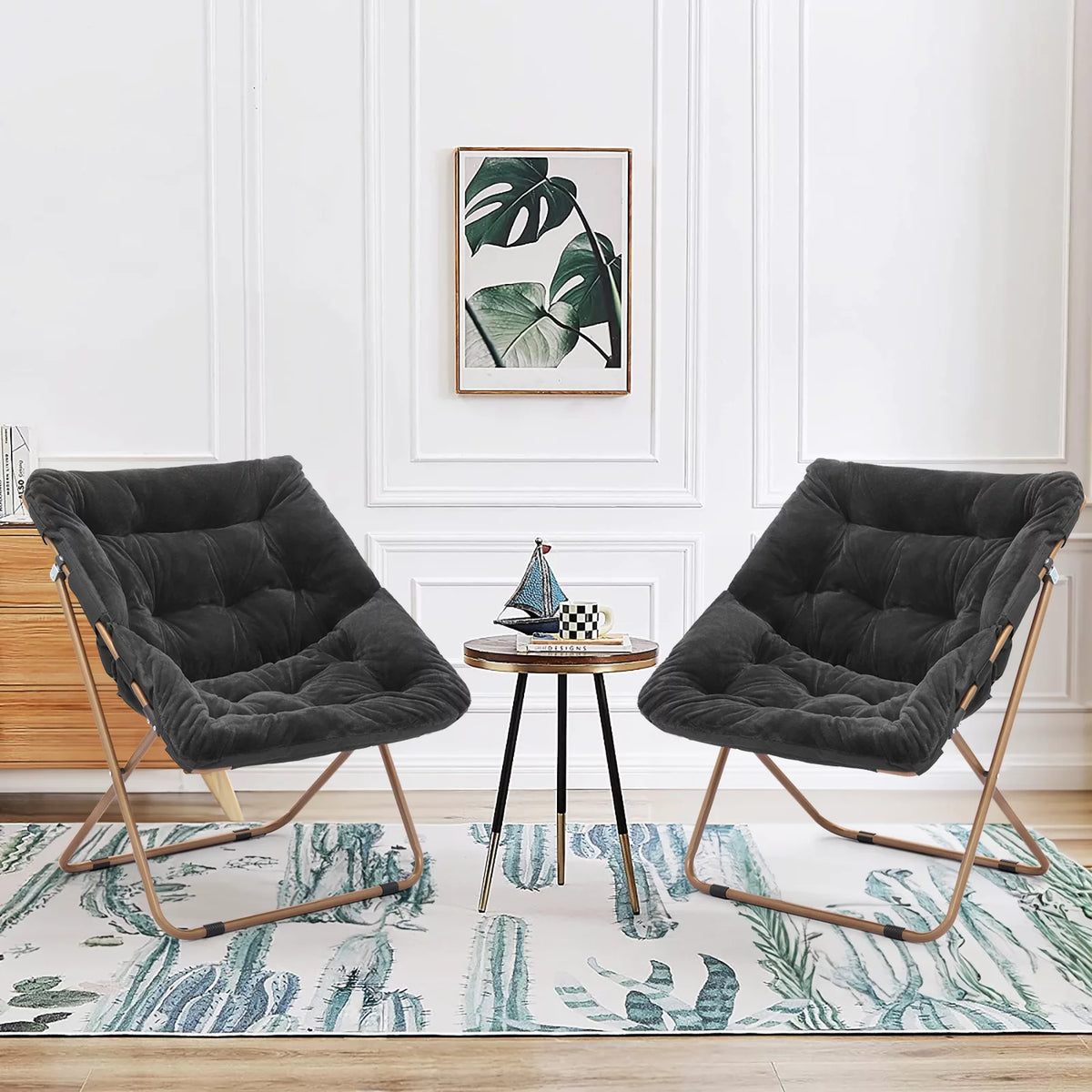 Set of 2 Black Faux Fur Folding Saucer Chair X9695