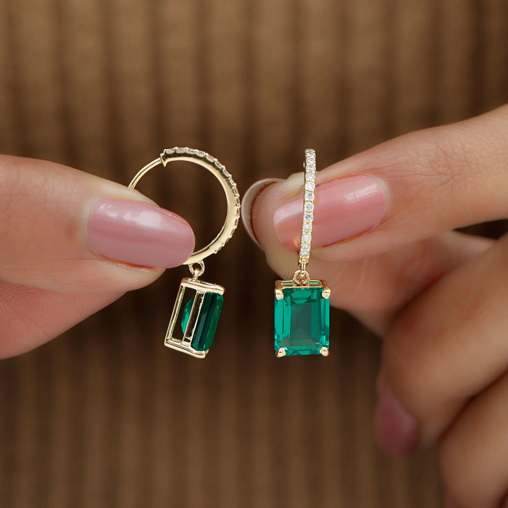 14K Yellow Gold Lab Created Emerald Drop Earrings with Diamond B1056