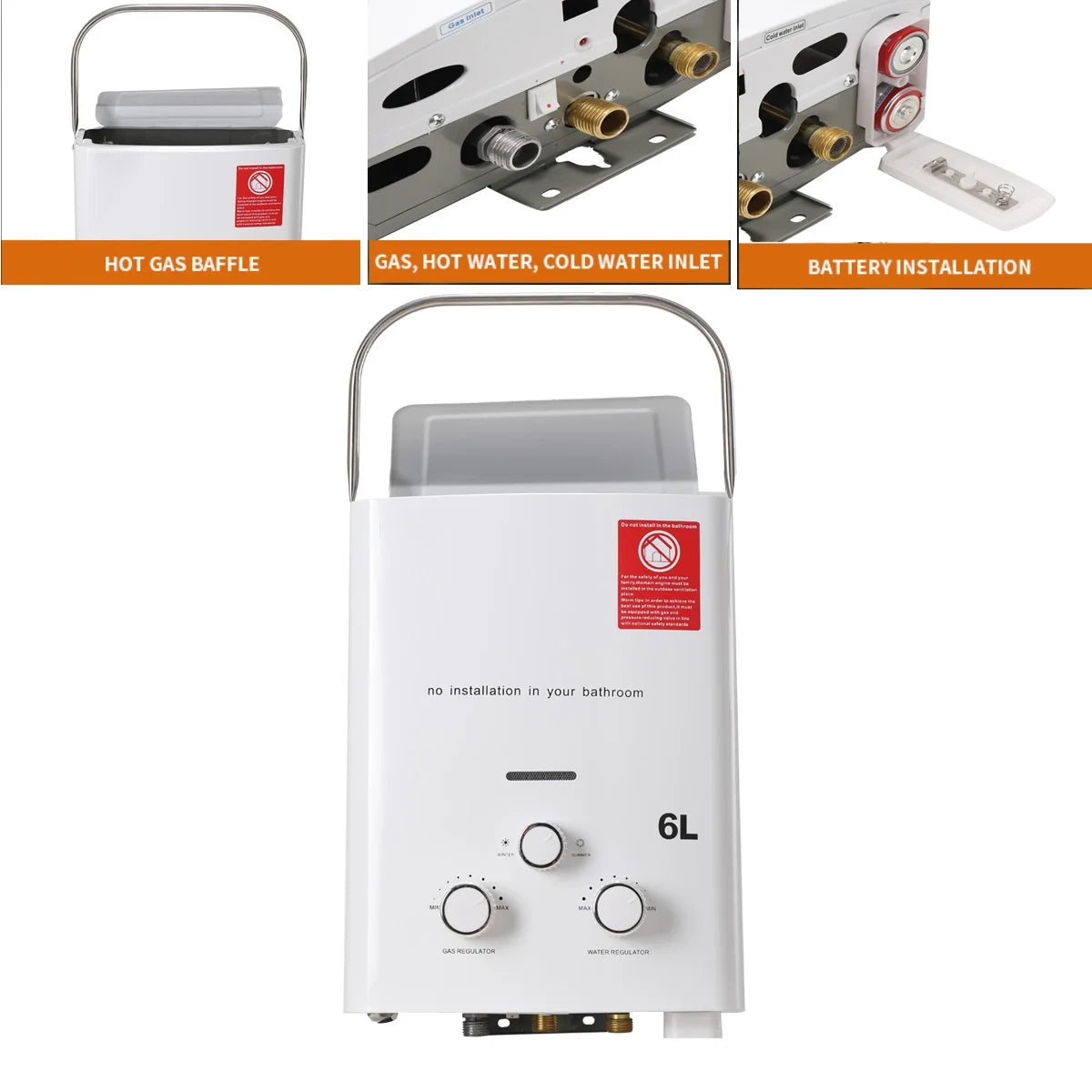 6L 12KW LPG Propane Gas Tankless Water Heater with Shower Head Kit G20180
