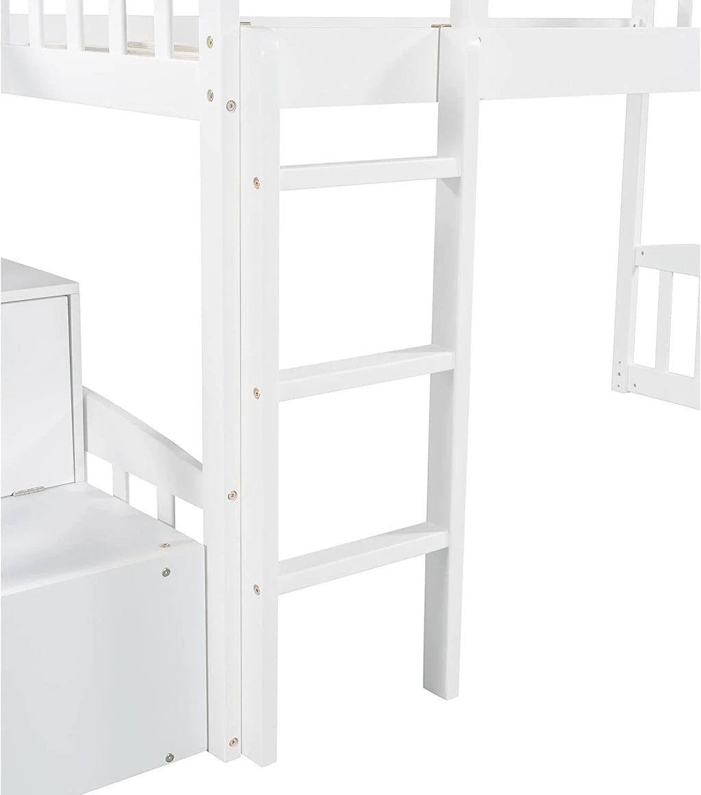 White Wooden Low Loft Bed Frame With Storage B38269