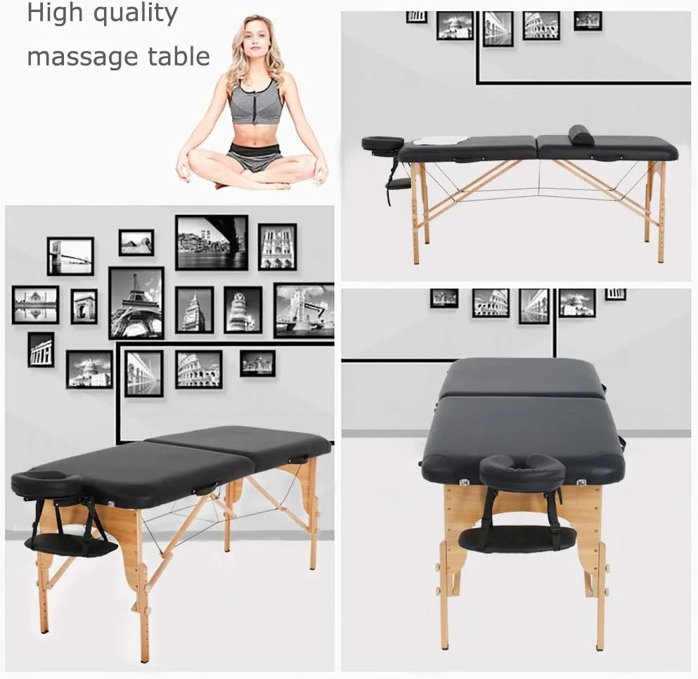 Portable Massage Table 73” L 28”W Height Adjustable with Bolsters Carry Case 2 Fold Black K115