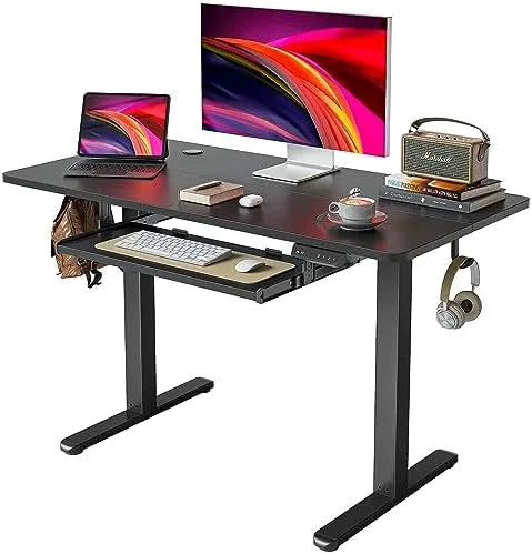 White Frame Light Rustic Brown Top Electric Standing Desk 55 x 24 Inches Height Adjustable with Keyboard Tray S211