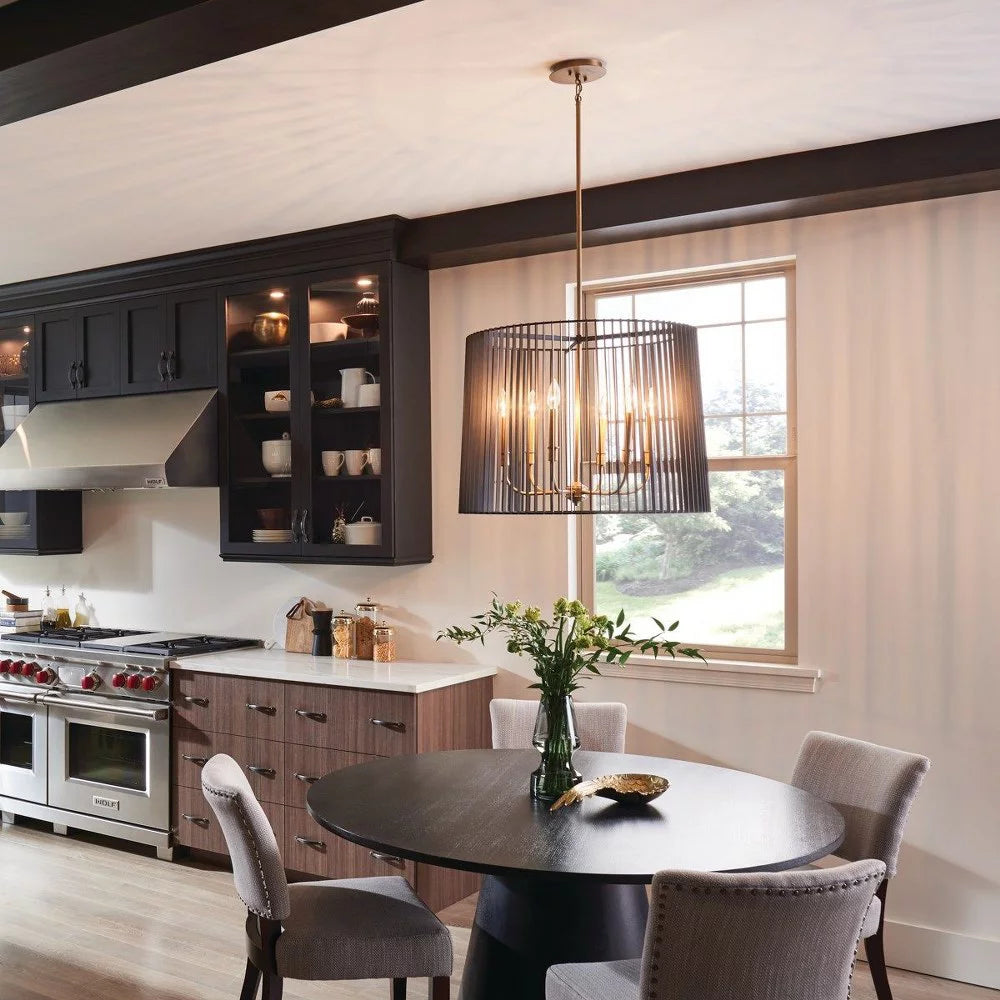 6-Light Chandelier Natural Brass Matte Black Slatted Shade N193