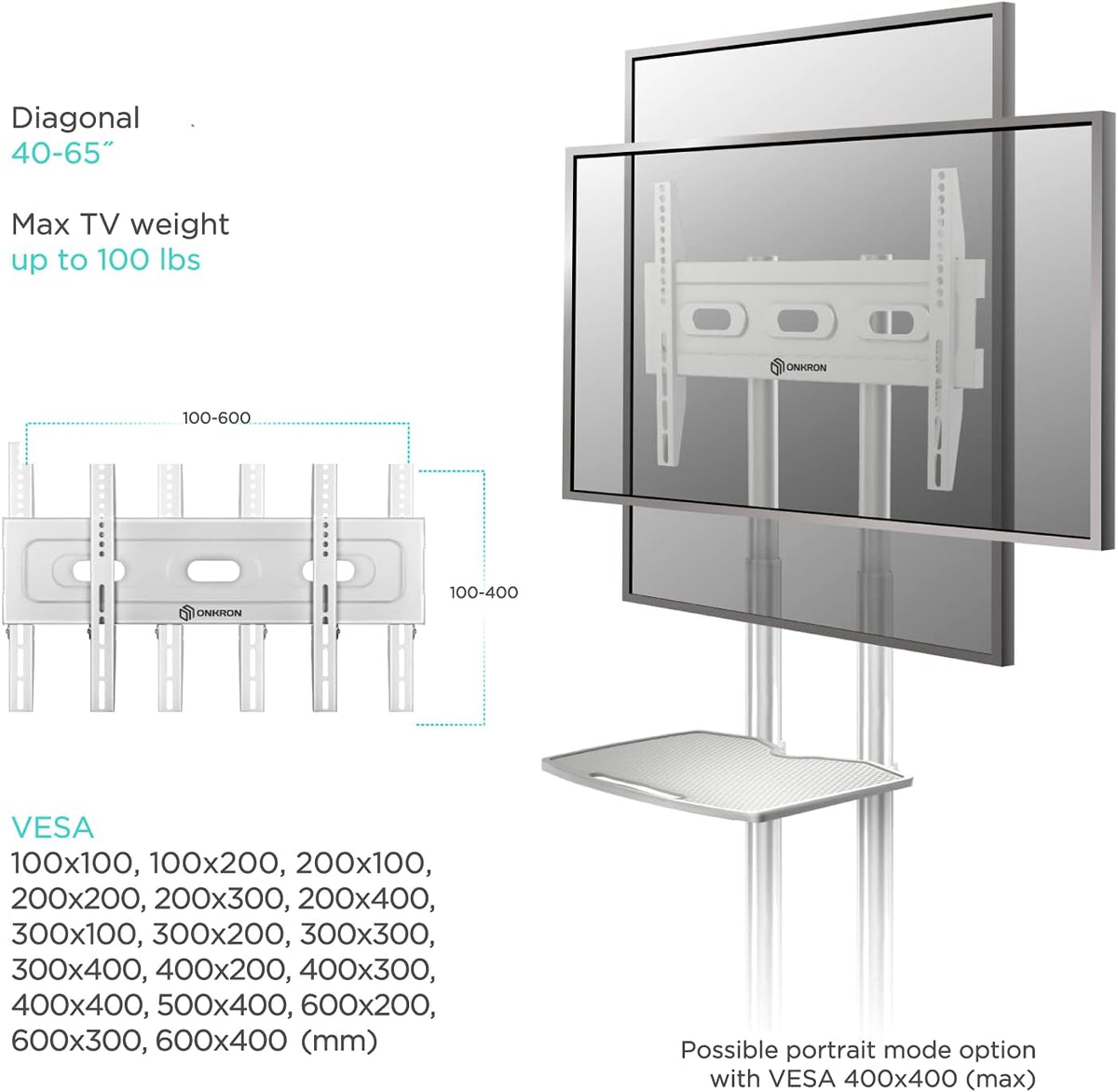 Mobile TV Stand for 32 to 65 Inch TV Screens with Wheels Shelves E1042
