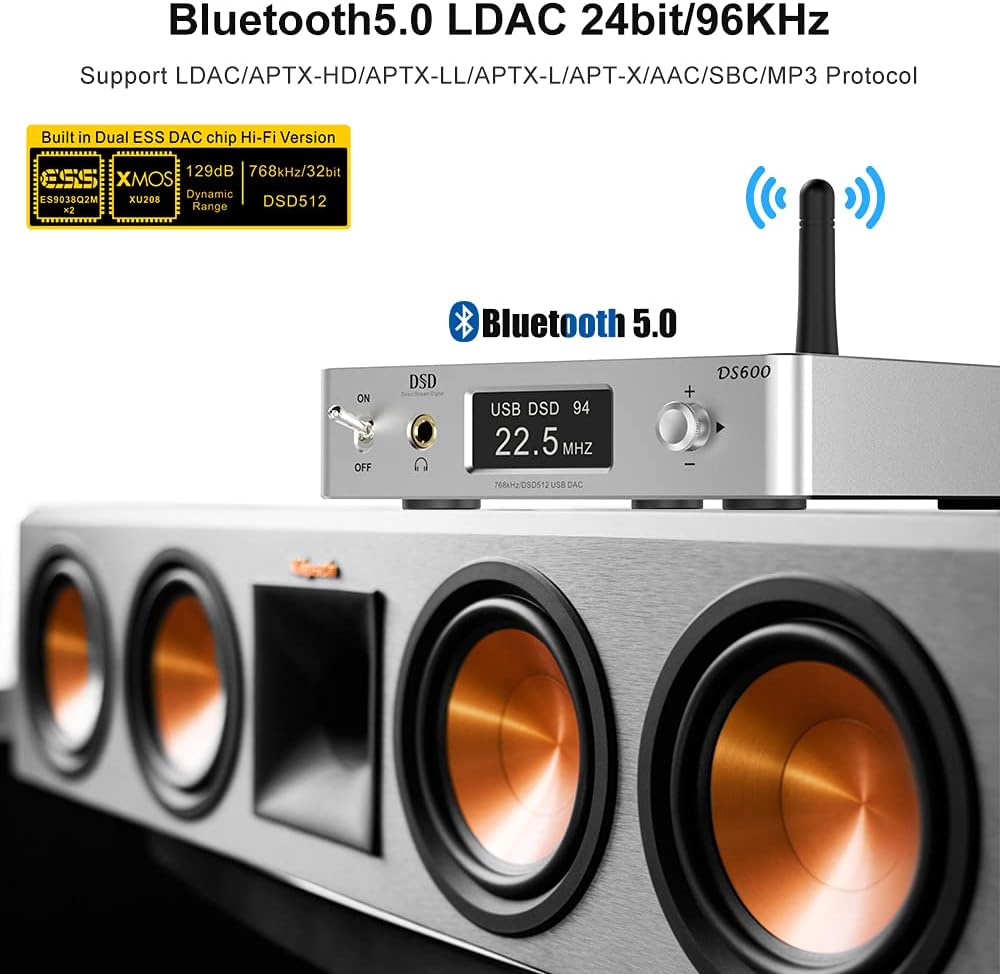 DS600 HiFi Audio DAC Bluetooth 5.0 Receiver LDAC AptX HD, USB DAC, DSD512 32Bit/768Khz, Dual ES9038Q2M XMOS, Headphone Amplifier 3.5mm AUX/RCA Out W8314