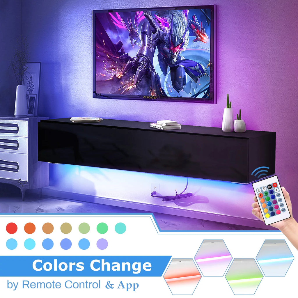 White Floating TV Stand with LED Lights and Storage R78594