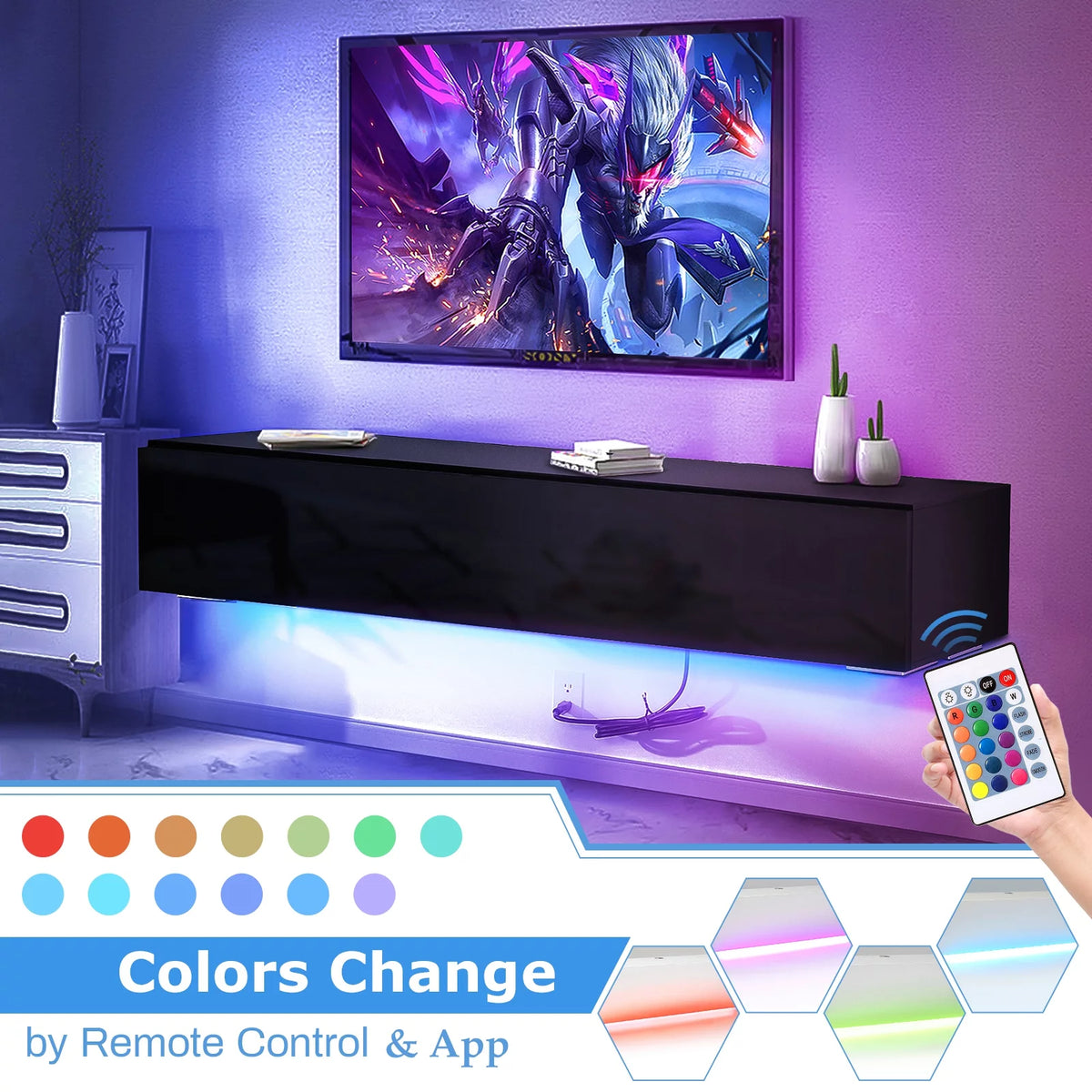 White Floating TV Stand with LED Lights and Storage R78594