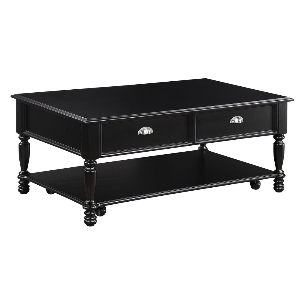 Black Wooden Lift Top Cocktail Table with Casters and Open Bottom Shelf H509603