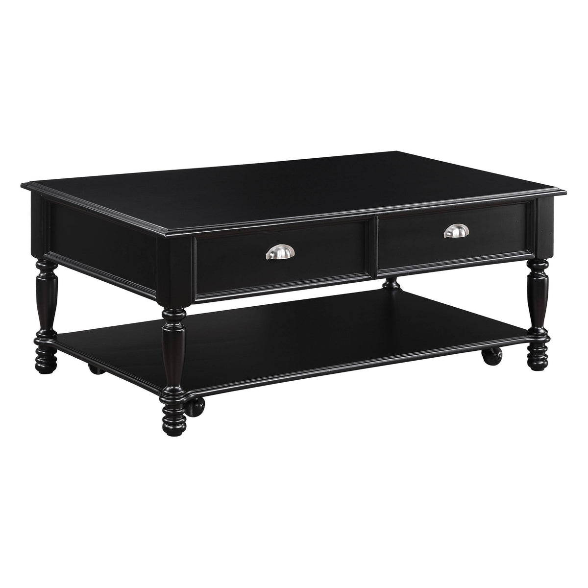Black Wooden Lift Top Cocktail Table with Casters and Open Bottom Shelf H509603