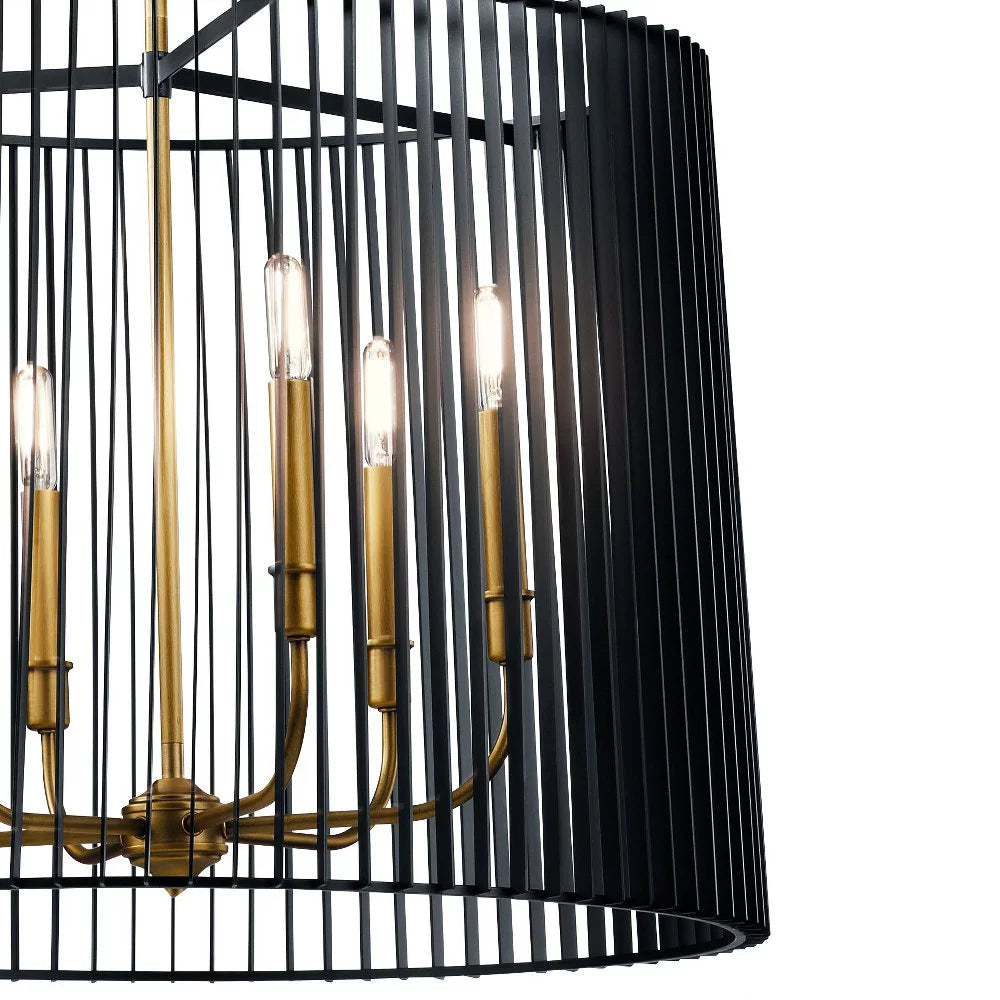 6-Light Chandelier Natural Brass Matte Black Slatted Shade N193