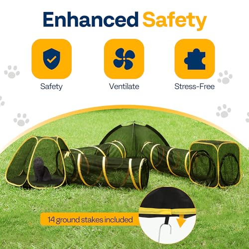 6-in-1 Outdoor Cat Enclosure with Playhouse, 2 Tents & 3 Tunnels Q4077