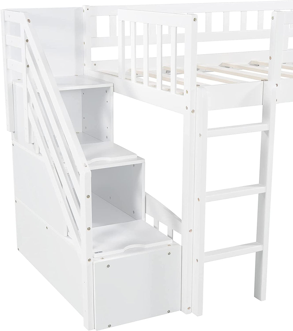 White Wooden Low Loft Bed Frame With Storage B38269