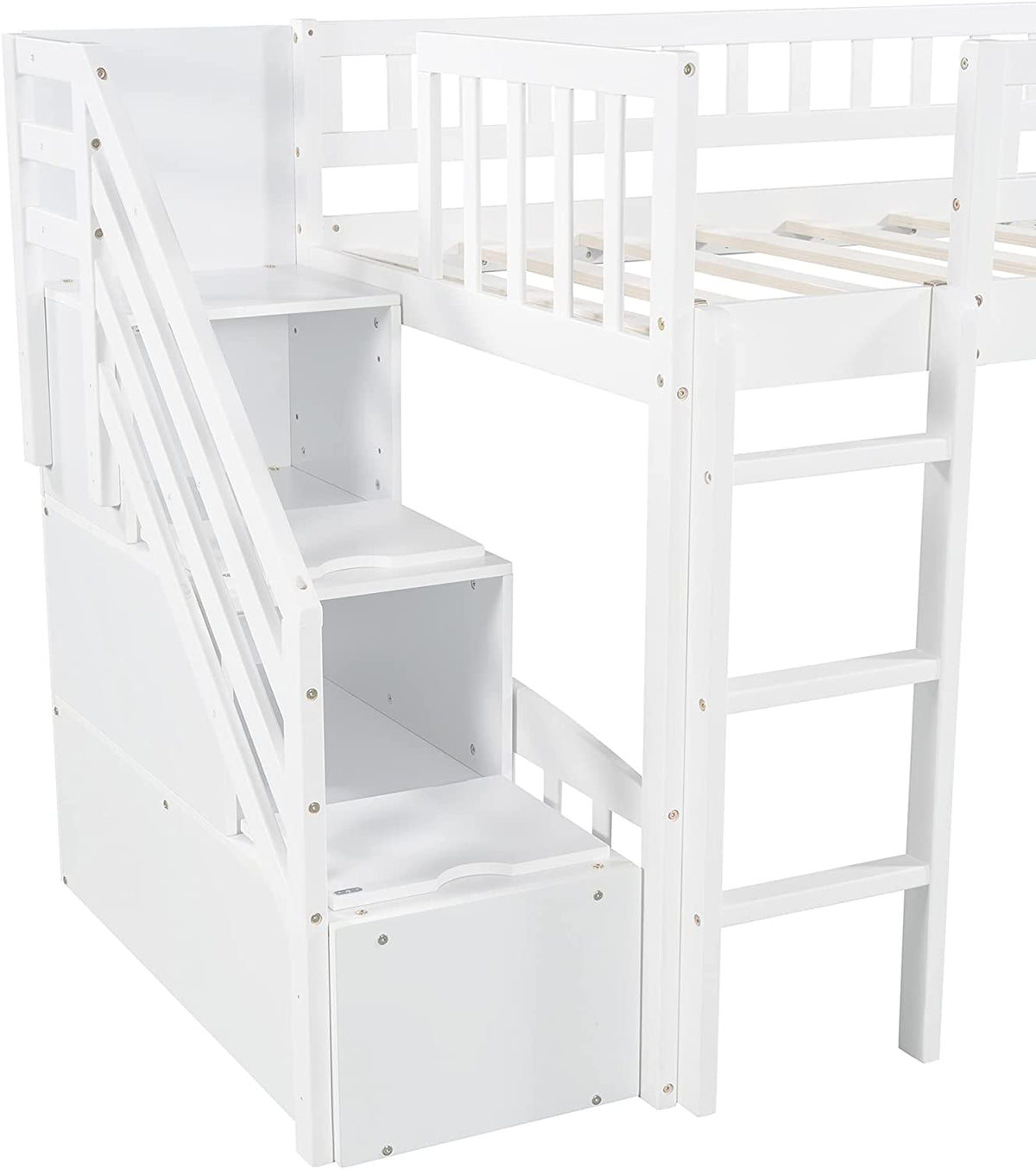 White Wooden Low Loft Bed Frame With Storage B38269