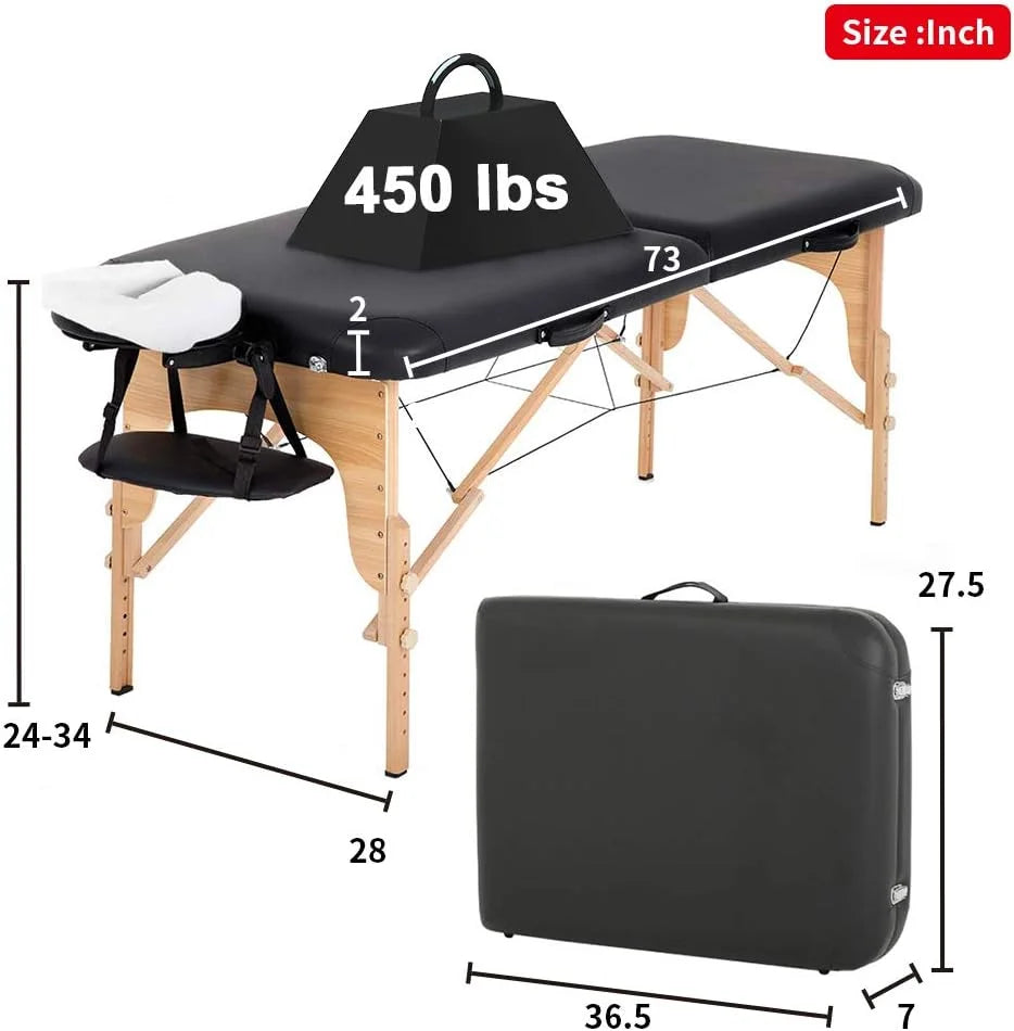 Portable Massage Table 73” L 28”W Height Adjustable with Bolsters Carry Case 2 Fold Black K115