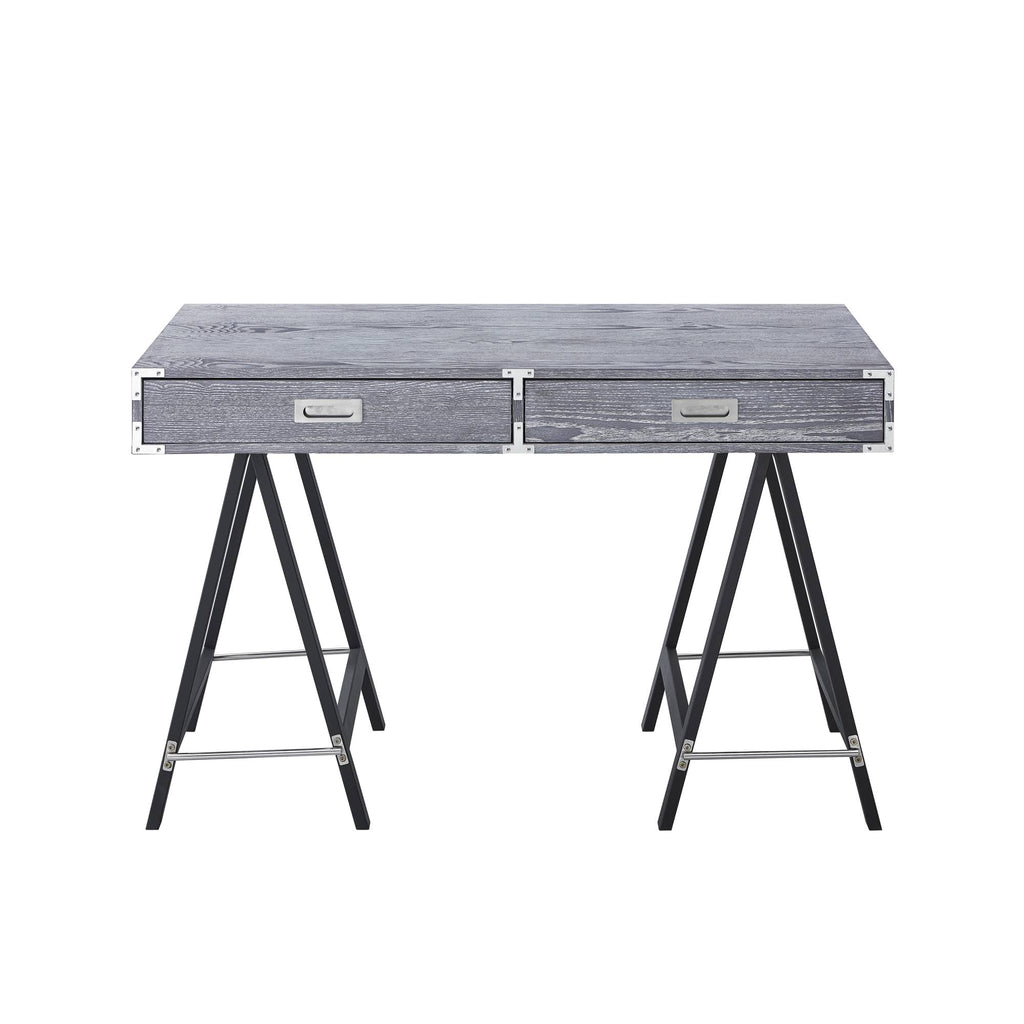 Grey Writing Desk with Oak Veneer Finish and Powder Coated Black Base O883