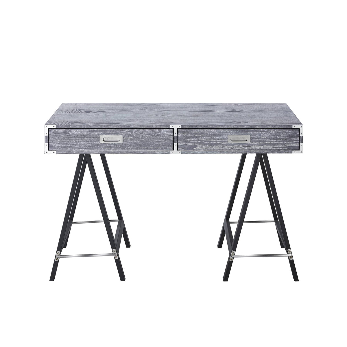 Grey Writing Desk with Oak Veneer Finish and Powder Coated Black Base O883