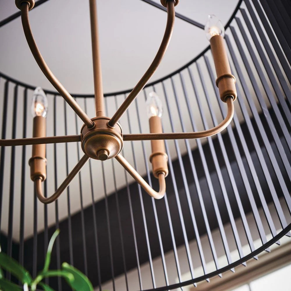 6-Light Chandelier Natural Brass Matte Black Slatted Shade N193