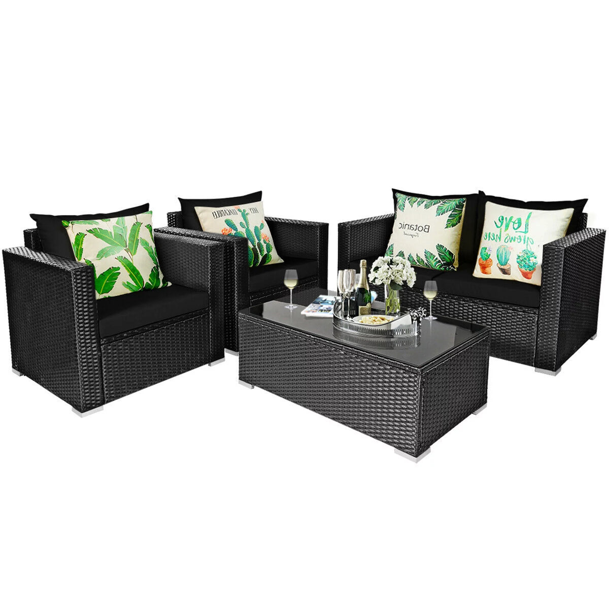 8 Pcs Rattan Patio Conversation Set with Black Cushions A8824