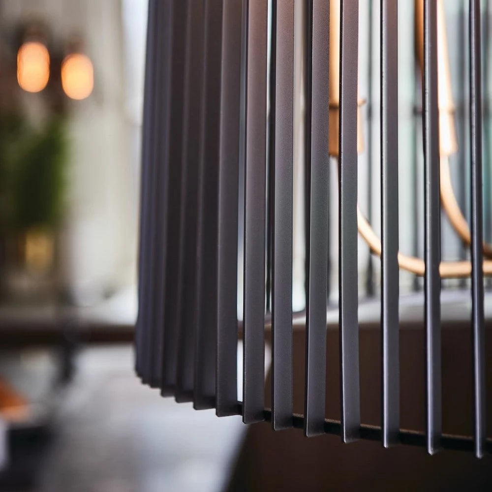 6-Light Chandelier Natural Brass Matte Black Slatted Shade N193