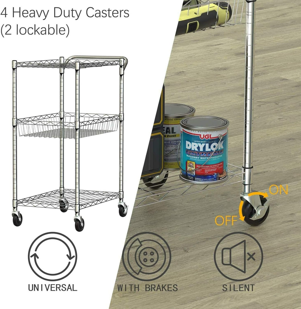 3-Tier Silver Steel Rolling Kitchen Trolley Cart with Storage Shelves S325810