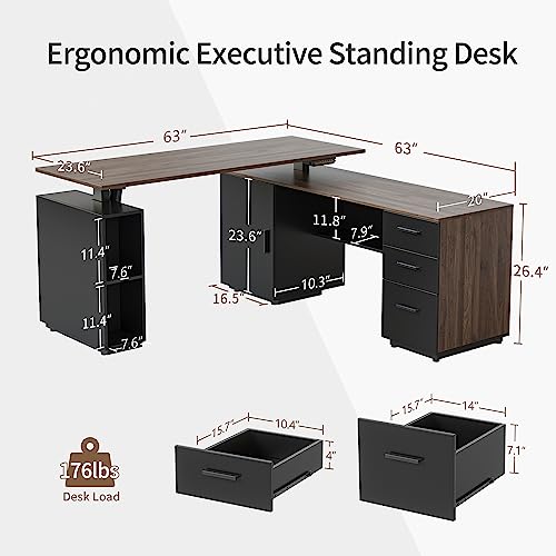 63" L Shaped Electric Height Adjustable Standing Desk with File Cabinet, Black Walnut D12390
