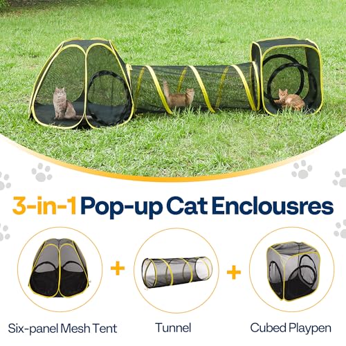 6-in-1 Outdoor Cat Enclosure with Playhouse, 2 Tents & 3 Tunnels Q4077