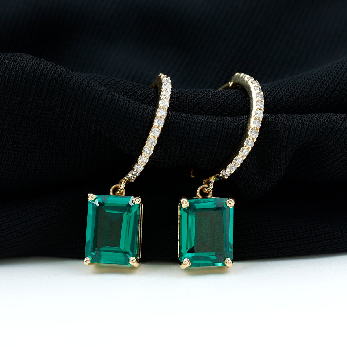 14K Yellow Gold Lab Created Emerald Drop Earrings with Diamond B1056