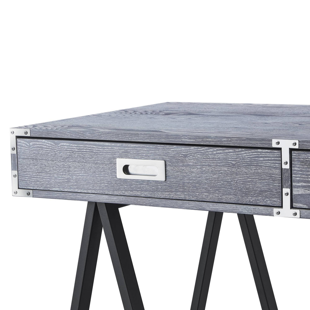 Grey Writing Desk with Oak Veneer Finish and Powder Coated Black Base O883